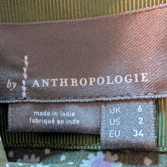 Anthropologie Womens Size 2 Moss Green Pink Floral Mesh Ruched Puff Sleeve Dress - Picture 11 of 12